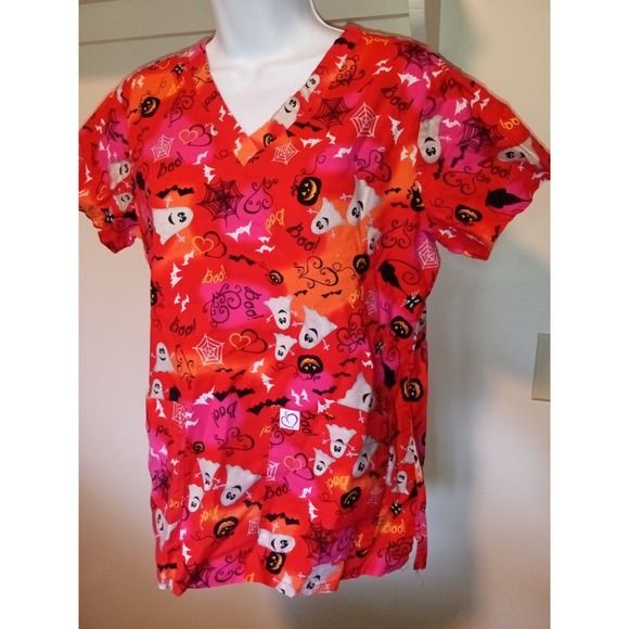 Peaches And Cream Nursing Scrub Top‎ Pumpkins Ghosts Halloween Women's Sz Medium - Picture 1 of 6